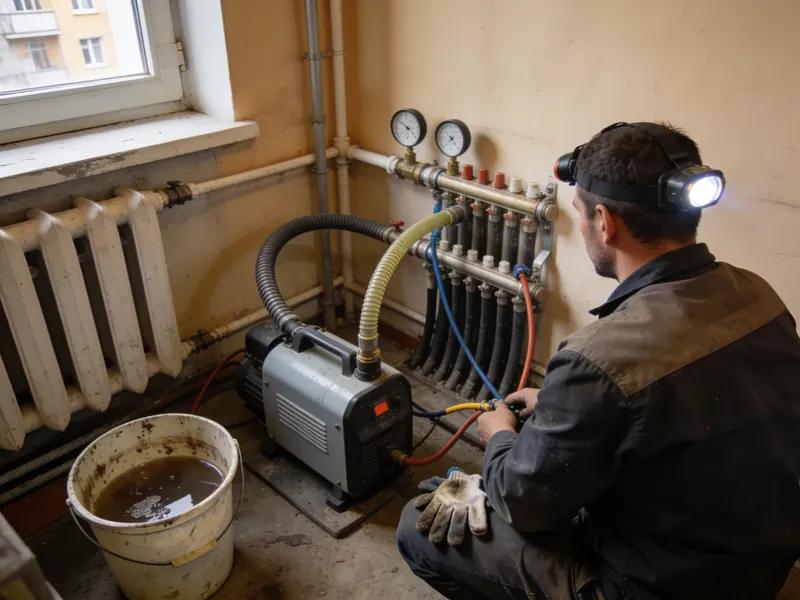 Technicien réalisant un désembouage de réseau en chaufferie d'immeuble