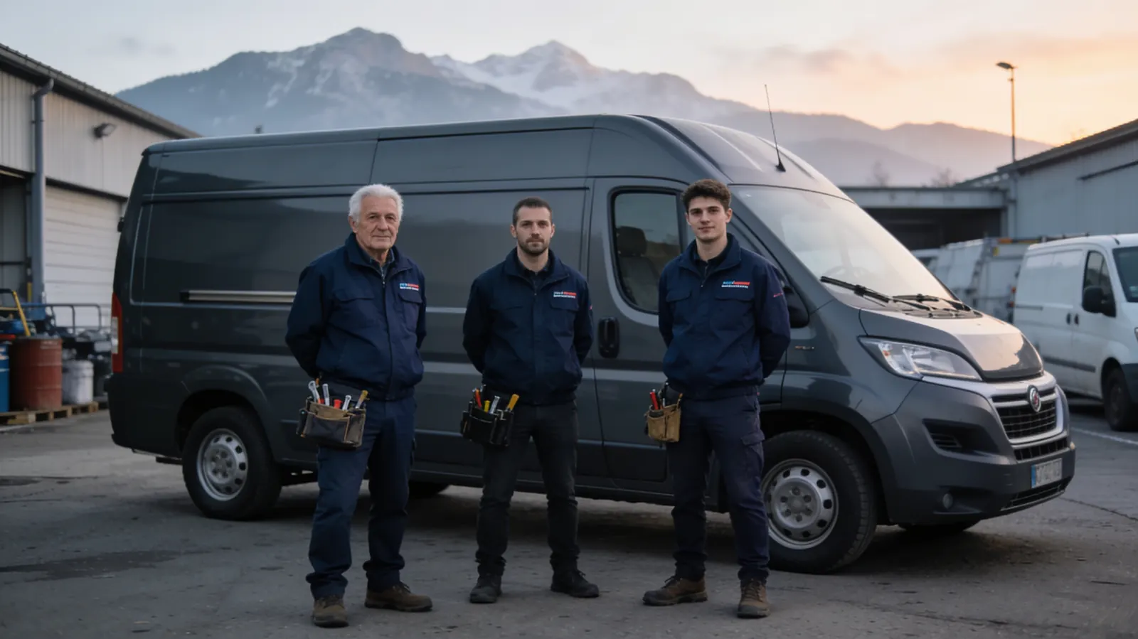 Trois techniciens devant un fourgon d'intervention au lever du jour