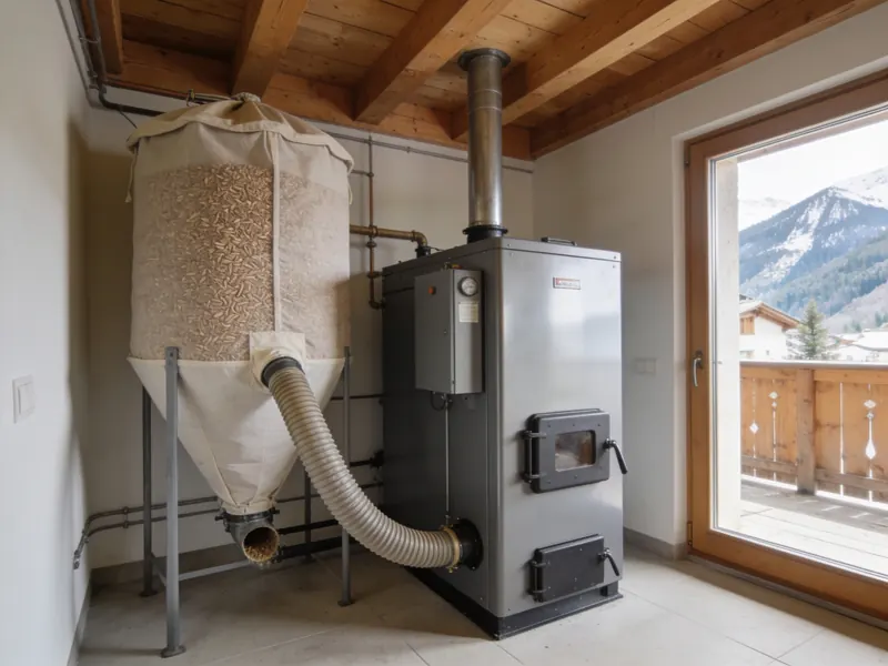 Chaudière à granulés et silo textile dans une buanderie de maison de montagne