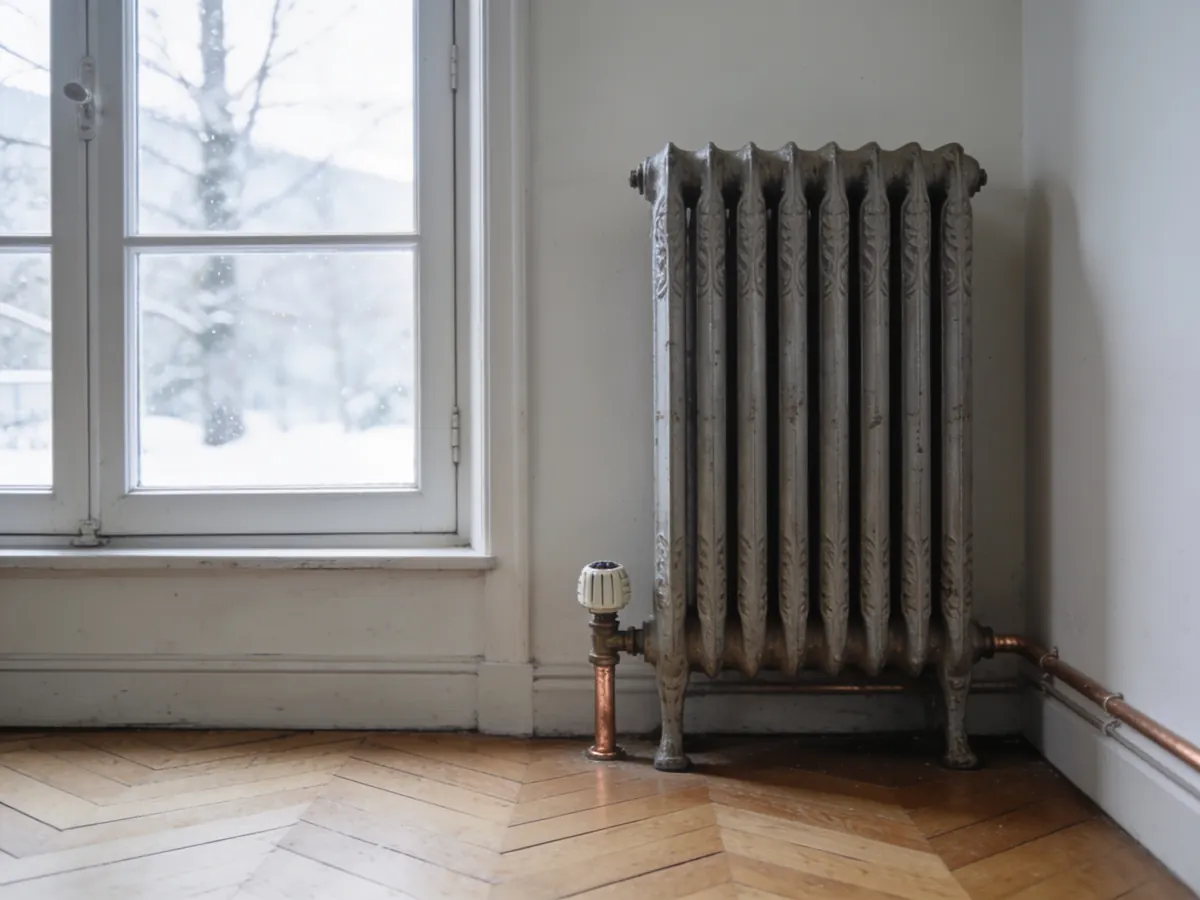 Radiateur en fonte ancien sous une fenêtre, appartement chambérien