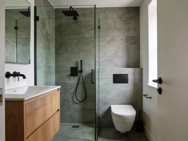 Salle de bains rénovée avec douche à l'italienne et meuble en chêne