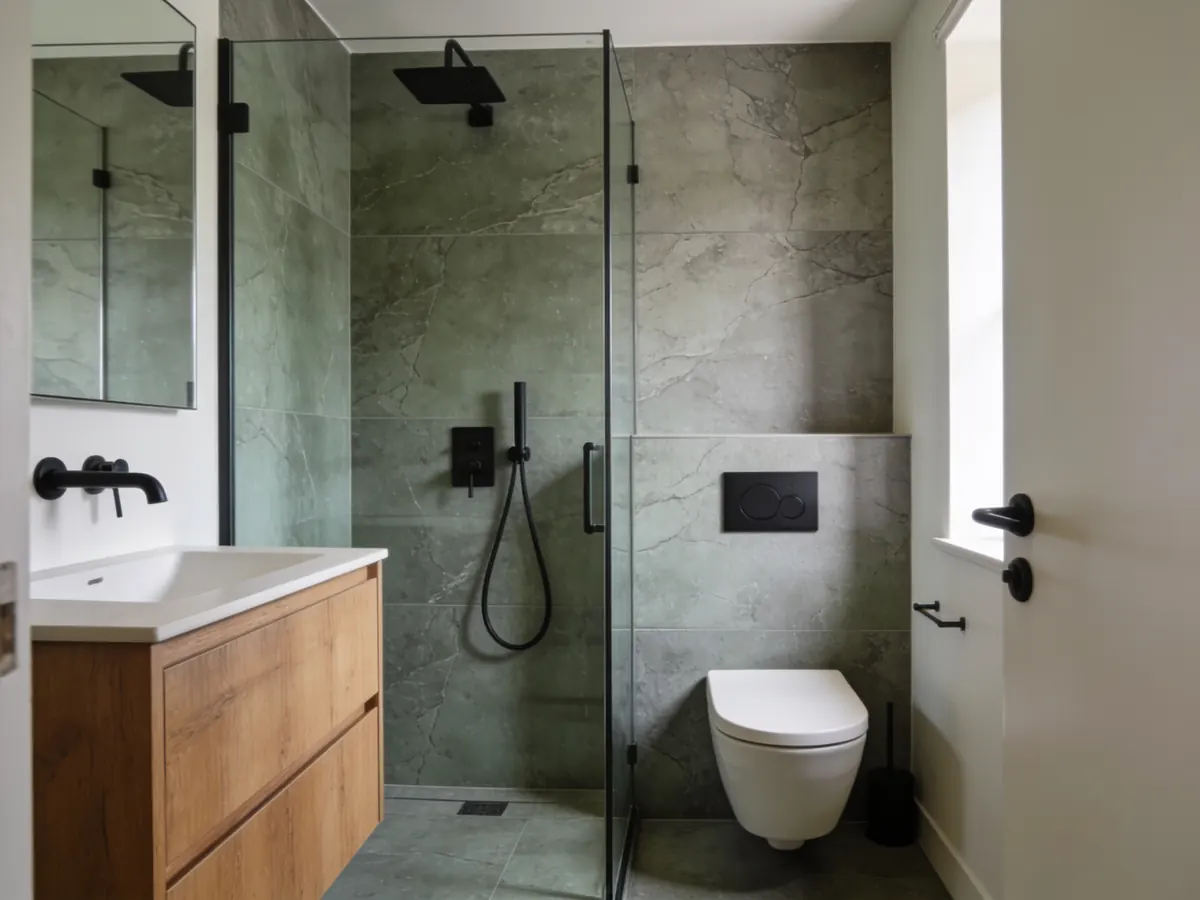 Salle de bains rénovée avec douche à l'italienne et meuble en chêne
