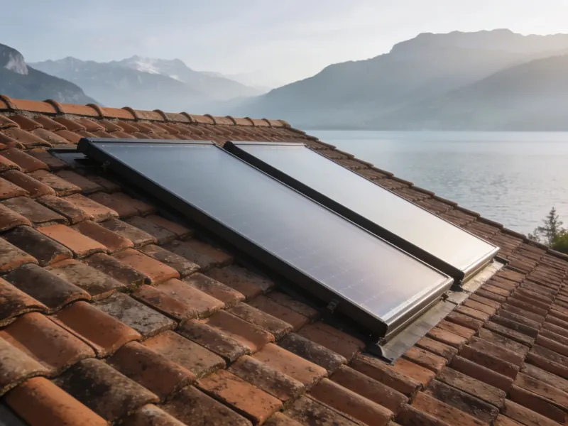 Capteurs solaires thermiques intégrés à une toiture en tuiles au-dessus du lac d'Annecy